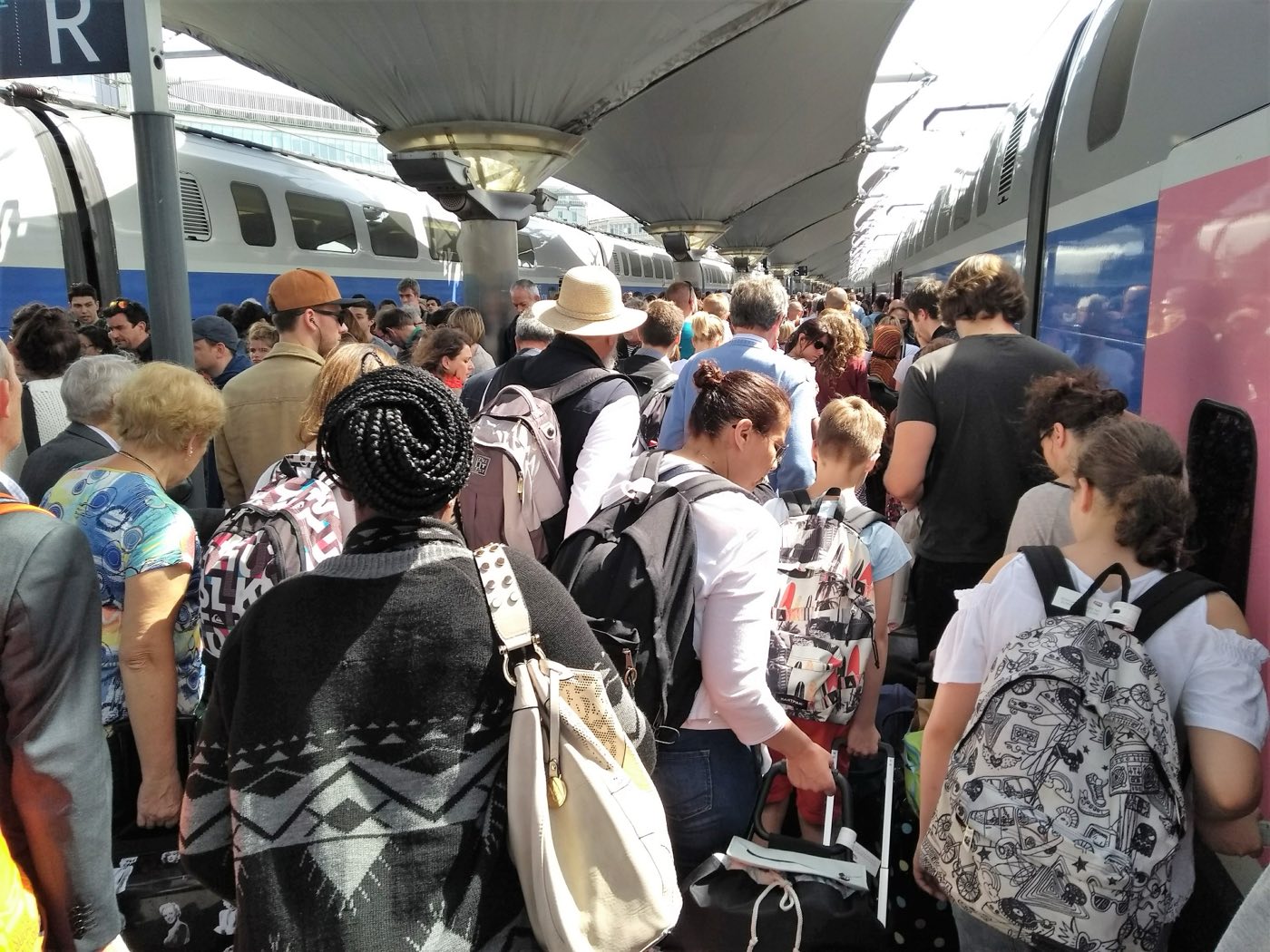 Foule de voyageurs avec leurs bagages sur un quai, le long d'un TGV